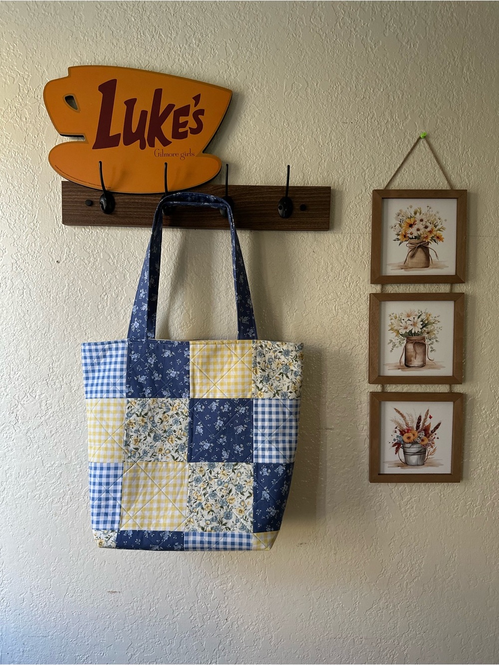 Quilted Patchwork Tote Bag in Blue and Yellow